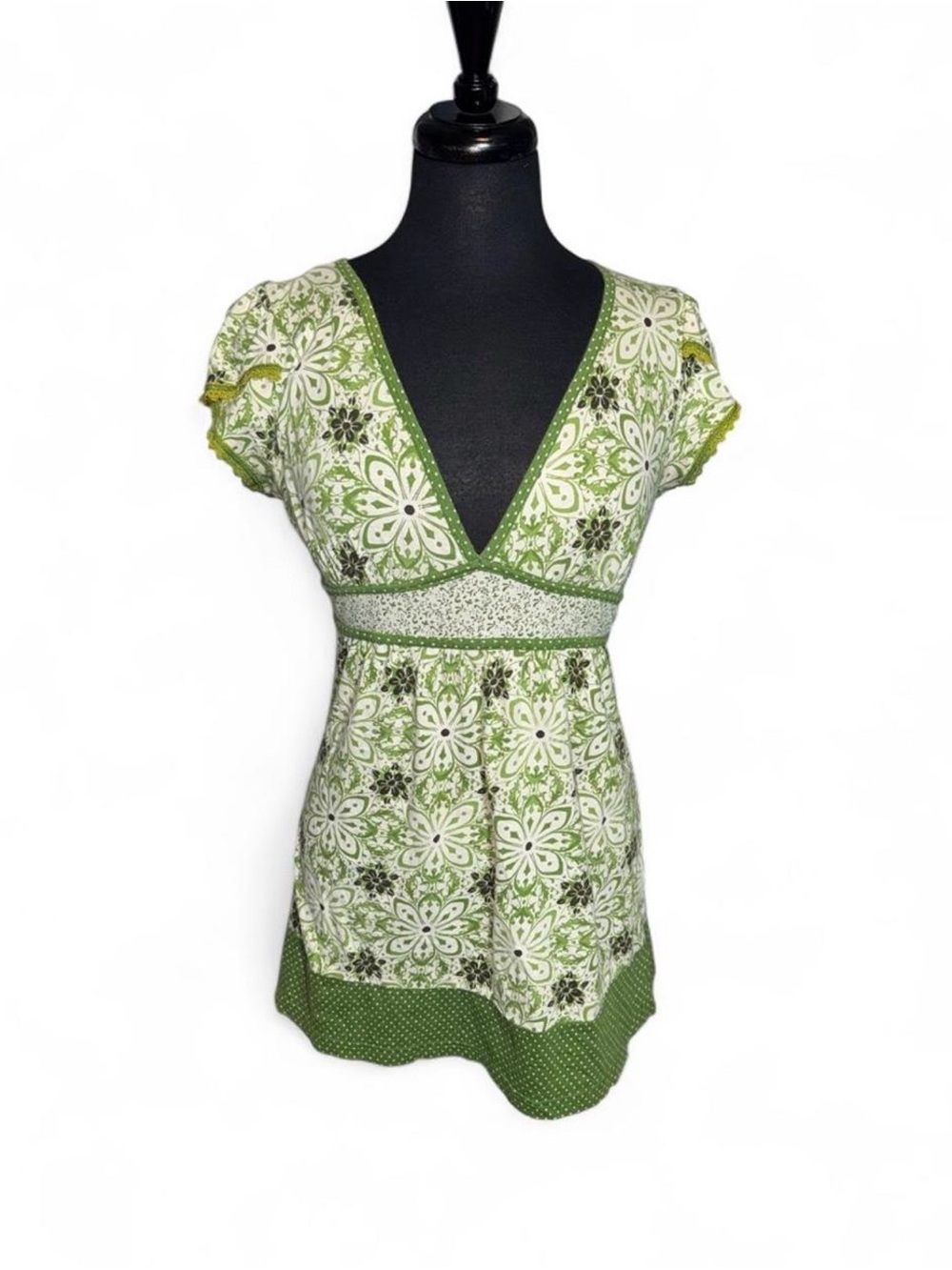 Y2K Decree Green Floral Empire-Waist V-Neck Tunic
